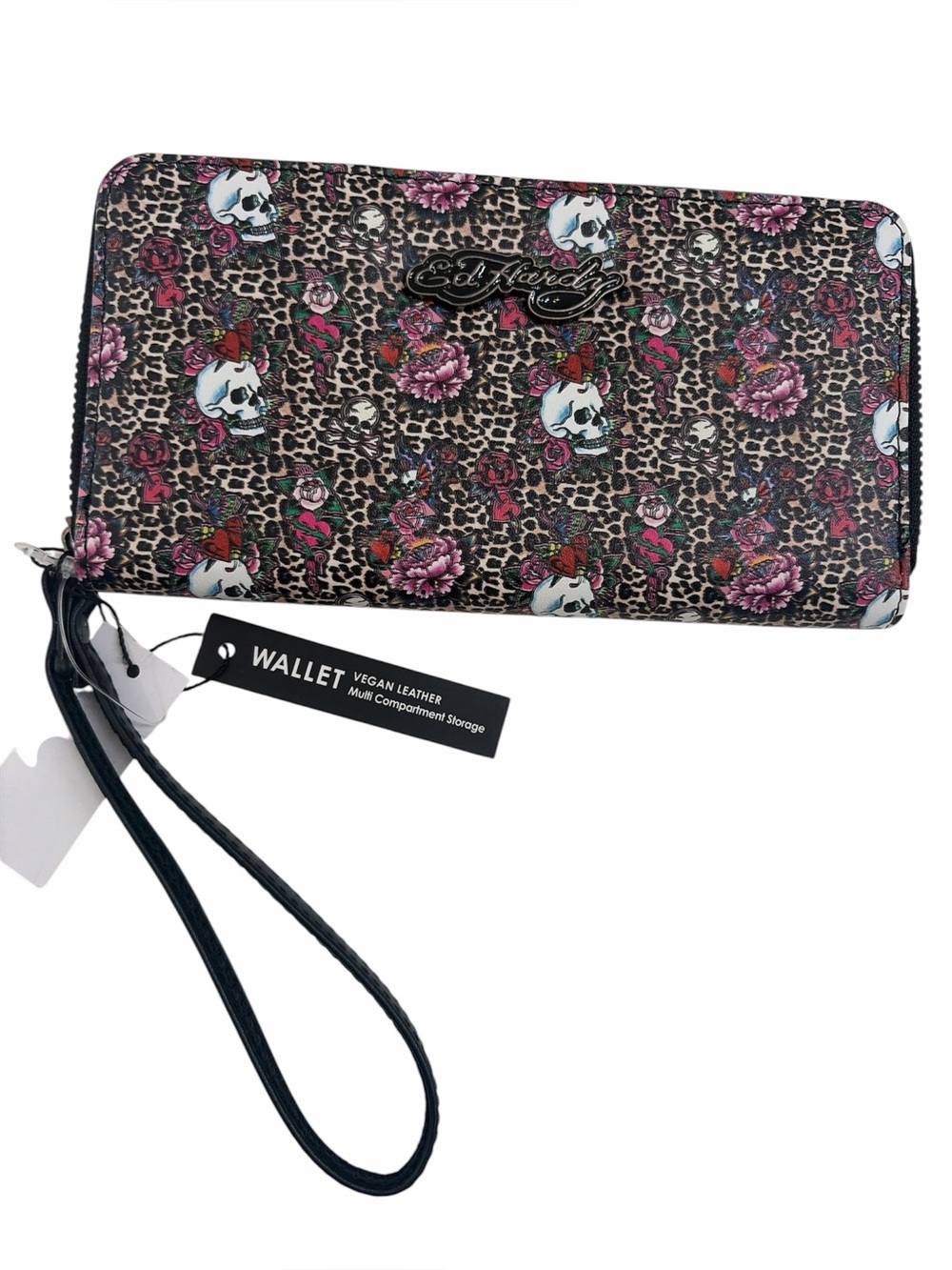 Ed Hardy zip wallet NWT leopard background skulls